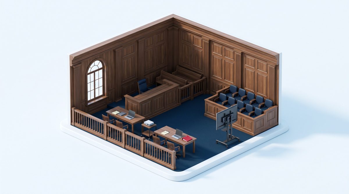 Isometric illustration of a courtroom equipped for trial technology: judge bench, jury box, counsel tables with laptops, projector cart and a display on a rolling stand